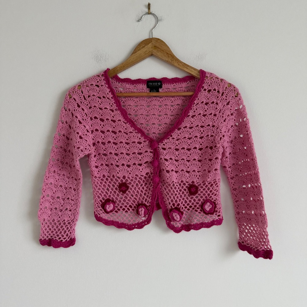 Vintage Y2K Girls Pink Crochet Flower Cardigan Size Large